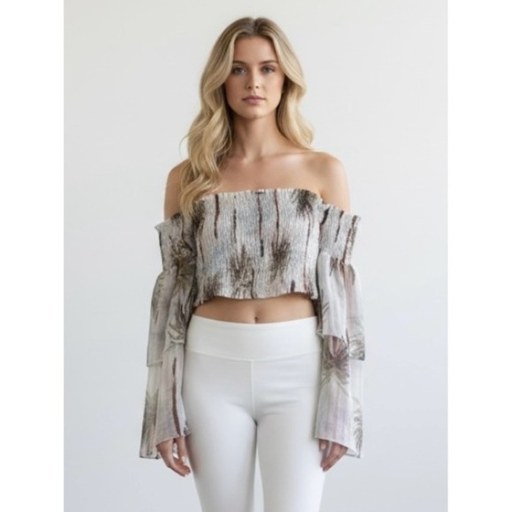 Lez a Lez Womens Smocked Tropical Palm Tree Off Shoulder Crop Top Size M